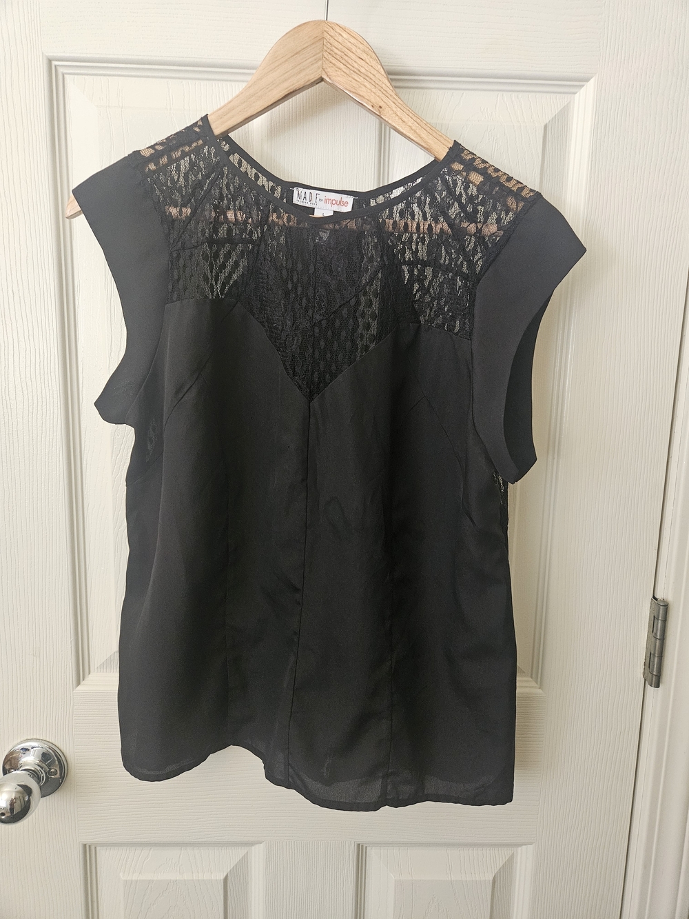 Black Lace Yoke Cap-Sleeve Blouse